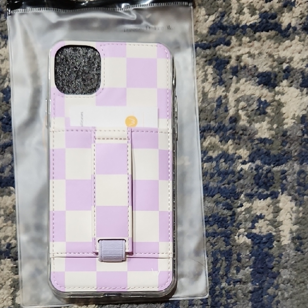 Iphone 11 Pro Max Purple Checkered Phone Case with Card Holder and stand